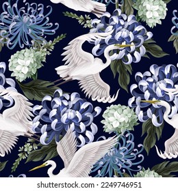 Seamless pattern with white heron and chrysanthemum, golden-daisy. Vector