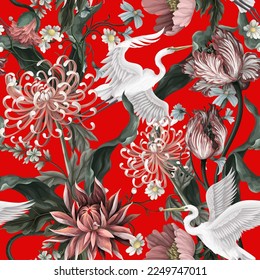 Seamless pattern with white heron and chrysanthemum, golden-daisy. Vector