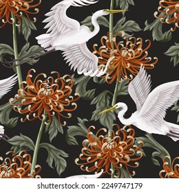 Seamless pattern with white heron and chrysanthemum, golden-daisy. Vector