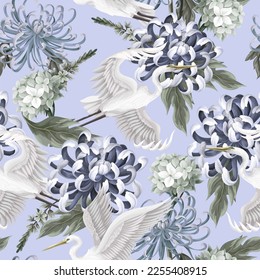 Seamless pattern with white heron and chrysanthemum, golden-daisy. Vector