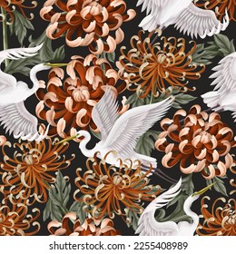 Seamless pattern with white heron and chrysanthemum, golden-daisy. Vector