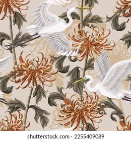 Seamless pattern with white heron and chrysanthemum, golden-daisy. Vector