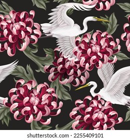 Seamless pattern with white heron and chrysanthemum, golden-daisy. Vector