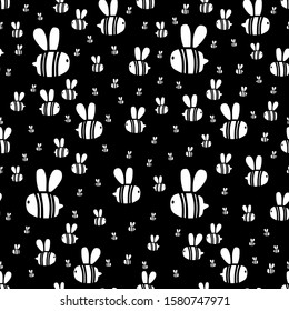 Seamless pattern white honeybee isolated on black background in doodle style. Cute baby print with insects bees. Easter spring hand drawn creative background. Vector bright illustration. Kids textile.