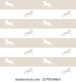 Seamless pattern with white horse silhouettes on alternating beige and white horizontal stripes creating a minimalist equestrian design