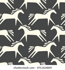 Seamless pattern. White horses. Black background.