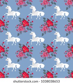 Seamless pattern with white horses and bouquets of bright red flowers in russian style. Vector illustration.