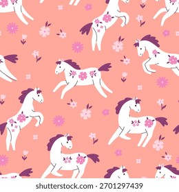 Seamless pattern with white horses and flowers. Vector graphics.