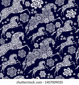 Seamless pattern with white horses on a blue background. Hand drawn floral texture.