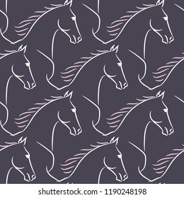Seamless pattern with white horses, pink mane, violet background. Realistic vector illustration.