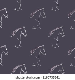 Seamless pattern with white horses, pink mane, violet background. Realistic vector illustration.