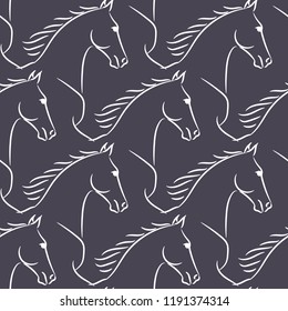 Seamless pattern with white horses, violet background. Realistic vector illustration.
