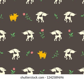 Seamless pattern of white horses, yellow-golden boars and pink flowers. Flat vector graphics for design.