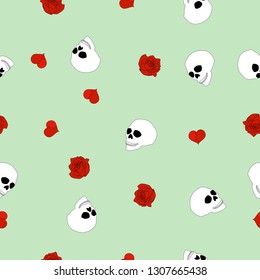 Seamless pattern white human skull, red broken hearts, roses on mint background. Spooky head bone print, cute cartoon dead face wall paper. Valentines day girly fashion texture, vector eps 10