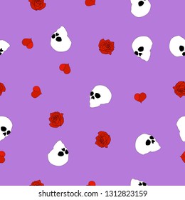 Seamless pattern white human skull, red broken hearts, roses on purple background. Spooky head bone print, cute cartoon dead face wallpaper. Valentines day girly fashion texture, vector eps 10