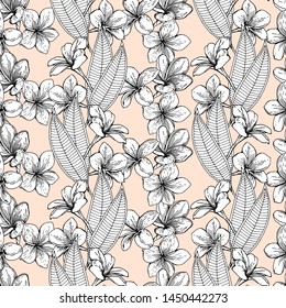Seamless pattern of white inflorescences and plumeria leaves.