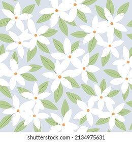 seamless pattern white jasmin flower with green leaf on soft blue background vector.