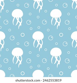  Seamless pattern with white jellyfish and bubbles isolated on light blue background. Bubbles vary in size and are scattered throughout the space.