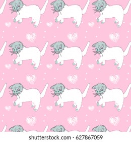 Seamless pattern with white kitten. White hearts on pink background. Seamless cute pattern