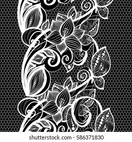 Seamless pattern white lace background. Old vintage lace texture, floral ornament with butterfly, swirls and curls, and leaves. Perfect for invitation or greeting card, wallpaper, textile, interior.