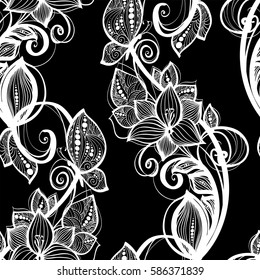 Seamless pattern white lace background. Old vintage lace texture, floral ornament with butterfly, swirls and curls, and leaves. Perfect for invitation or greeting card, wallpaper, textile, interior.