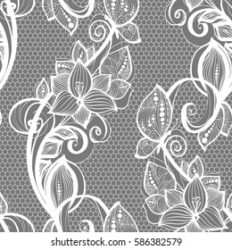 Seamless pattern white lace background. Old vintage lace texture, floral ornament with butterfly, swirls and curls, and leaves. Perfect for invitation or greeting card, wallpaper, textile, interior.