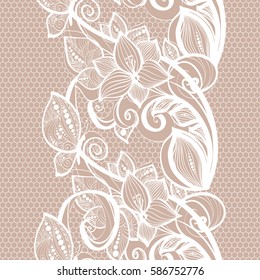 Seamless pattern white lace background. Old vintage lace texture, floral ornament with butterfly, swirls and curls, and leaves. Perfect for invitation or greeting card, wallpaper, textile, interior.