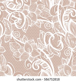 Seamless pattern white lace background. Old vintage lace texture, floral ornament with butterfly, swirls and curls, and leaves. Perfect for invitation or greeting card, wallpaper, textile, interior.