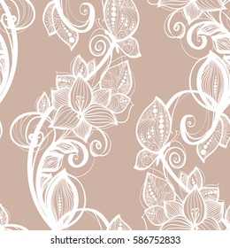 Seamless pattern white lace background. Old vintage lace texture, floral ornament with butterfly, swirls and curls, and leaves. Perfect for invitation or greeting card, wallpaper, textile, interior.