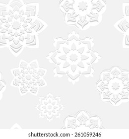 Seamless pattern. Pattern with white lace elements, like a napkin or a snowflake. Original background for your design.
