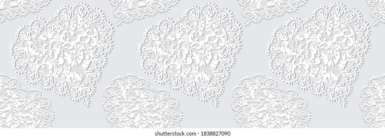 Seamless pattern White lace heart, Valentines day design background, ornamental flowers band , isolated on grey background vector illustration