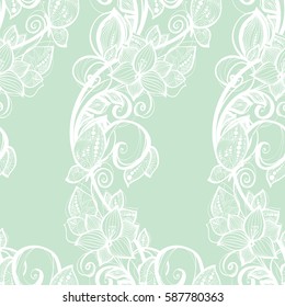 Seamless pattern white lace on mint green background. Old vintage lace texture, floral ornament with butterfly, swirls and curls, and leaves. Perfect for invitation or greeting card, wallpaper.