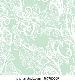 Seamless pattern white lace on mint green background. Old vintage lace texture, floral ornament with butterfly, swirls and curls, and leaves. Perfect for invitation or greeting card, wallpaper.