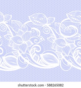 Seamless pattern white lace on blue background. Old vintage lace texture, floral ornament with butterfly, swirls and curls, and leaves. Perfect for invitation or greeting card, wallpaper, textile