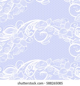 Seamless pattern white lace on blue background. Old vintage lace texture, floral ornament with butterfly, swirls and curls, and leaves. Perfect for invitation or greeting card, wallpaper, textile