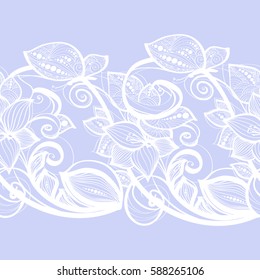 Seamless pattern white lace on blue background. Old vintage lace texture, floral ornament with butterfly, swirls and curls, and leaves. Perfect for invitation or greeting card, wallpaper, textile