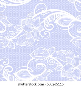 Seamless pattern white lace on blue background. Old vintage lace texture, floral ornament with butterfly, swirls and curls, and leaves. Perfect for invitation or greeting card, wallpaper, textile