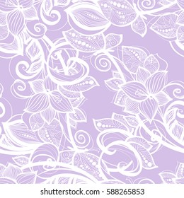 Seamless pattern white lace on lilac, pink background.Old vintage lace texture, floral ornament with butterfly, swirls and curls, and leaves.Perfect for invitation or greeting card, wallpaper,textile