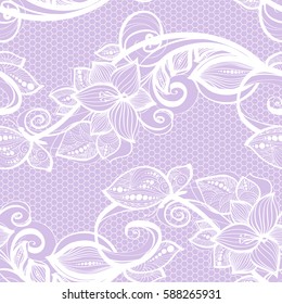 Seamless pattern white lace on lilac, pink background.Old vintage lace texture, floral ornament with butterfly, swirls and curls, and leaves.Perfect for invitation or greeting card, wallpaper,textile