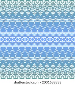 Seamless pattern with white lace ornament on gradient blue background. Beautiful print for fabric. Border for summer dress.