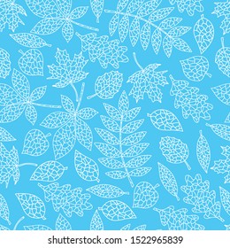 Seamless pattern of white lace outline abstract autumn leaves on blue background, for cover design, textile, interior