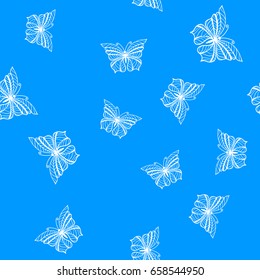 Seamless pattern with white lacy butterflies on blue background. Vector illustration.