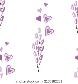 seamless pattern white lavender branch and lilac hearts vector