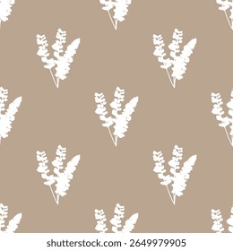 Seamless pattern of white lavender flowers with leaves on taupe background. Ideal for textile, home decor, banner, cover, etc