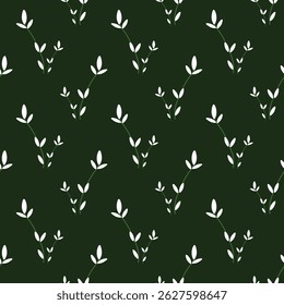Seamless pattern with white leafy branches in flat style on dark green background. Perfect for kids and adults fabric, notebooks, stationery, and nature-inspired product designs.