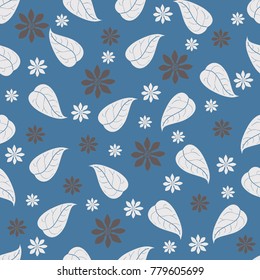 Seamless pattern with white leaves and black flowers on a blue background
