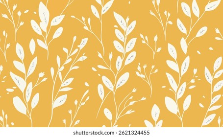 Seamless pattern with white leaves and branches on a yellow background. Perfect for fabric, wallpaper, and backgrounds.
