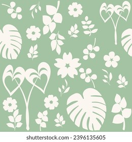 seamless pattern, white leaves and flower on a light green background, cute and beautiful for use.
