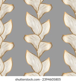 Seamless pattern with white leaves and golden outline on grey background. Vector print. Interior background