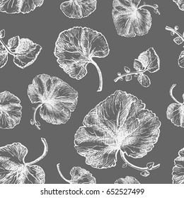 Seamless pattern of white leaves of herbaceous plants on a grey background.